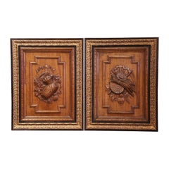 Pair of 19th Century, French Carved Oak Wall Door Panels in Gilt Frames