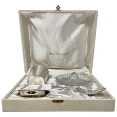 Estate French Christofle Crystal & Silver-Plate Juice Set in Fitted Box, C. 1940