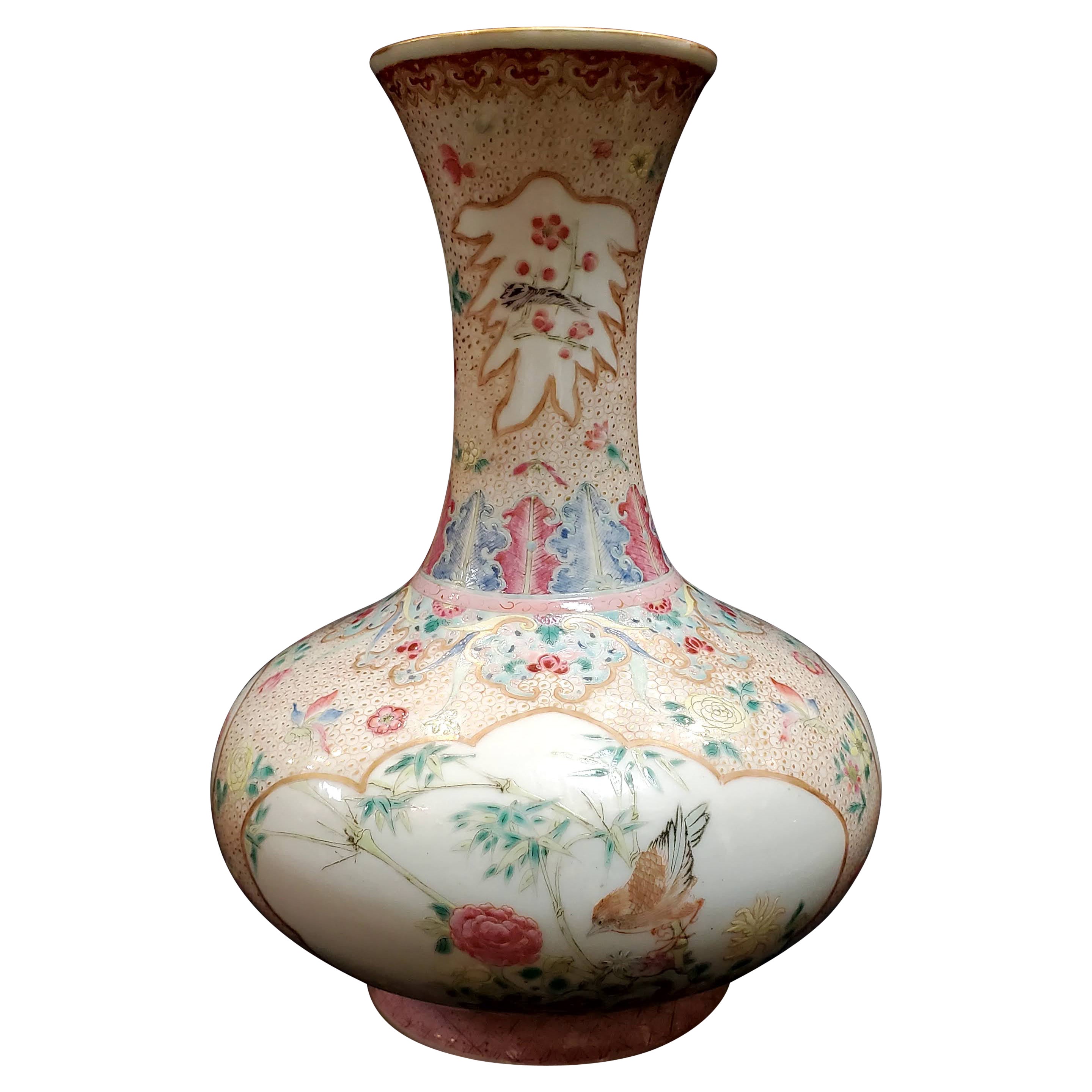 Antique Chinese Qing Delicate Famille Rose Floral Ornament Porcelain Vase For Sale