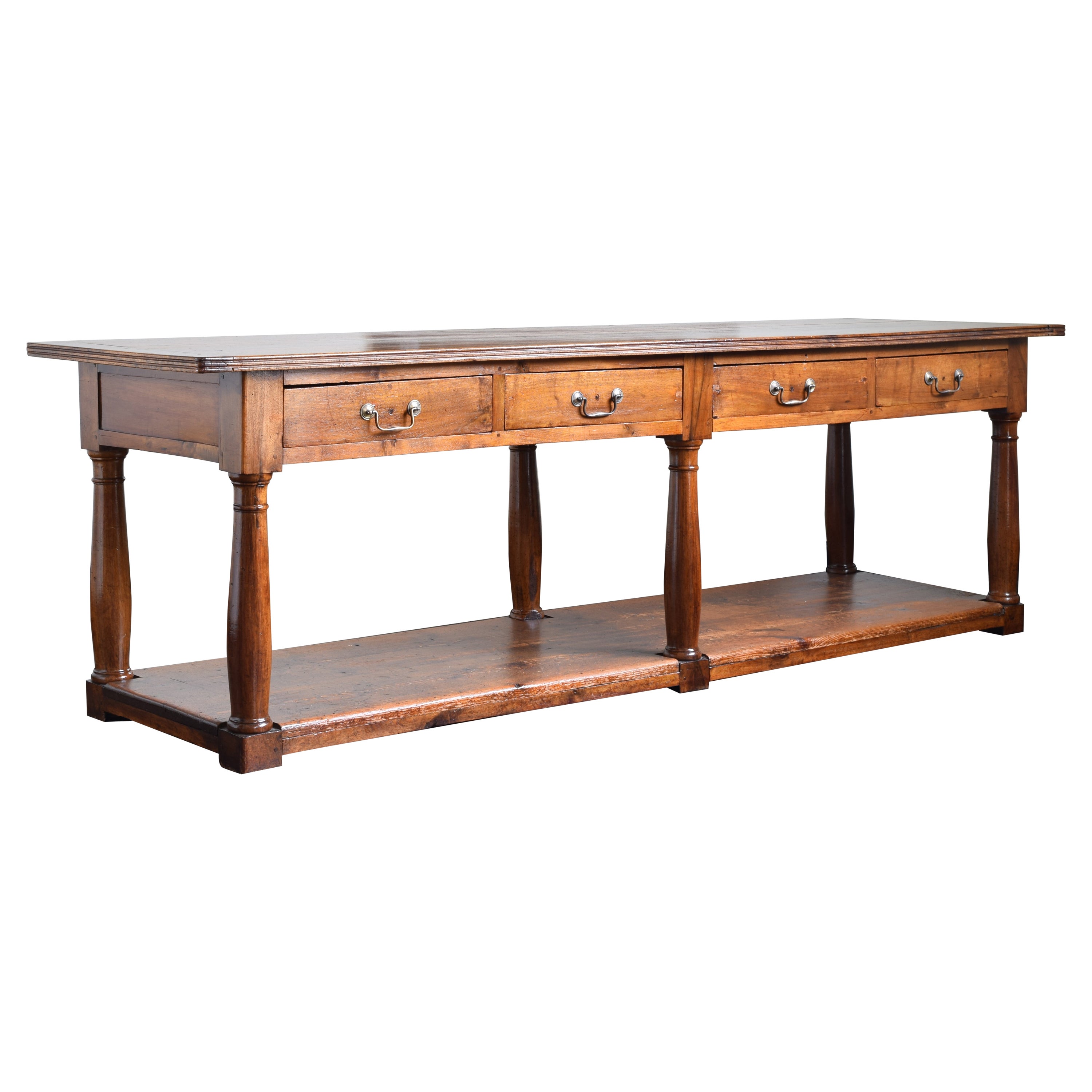 French Louis Philippe Walnut Draper’s Table 4 Drawers, Shelf at Base, circa 1835