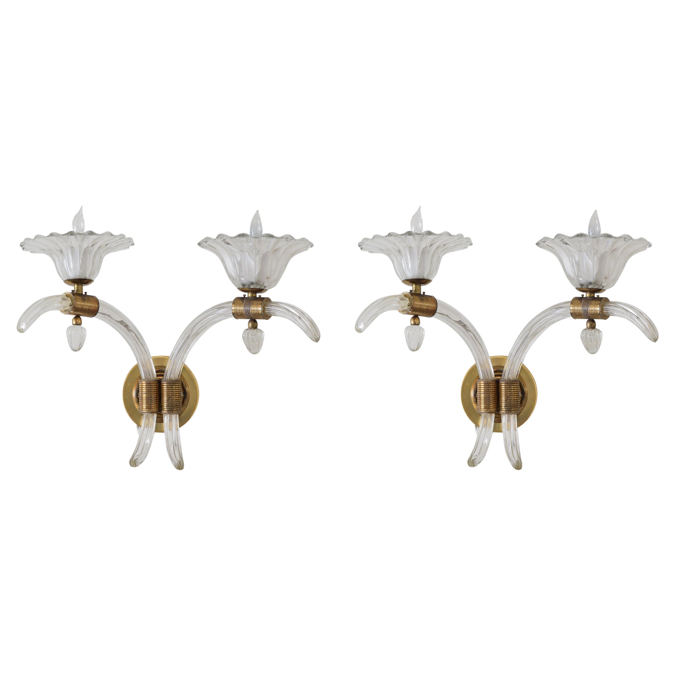 Pair Italian, Murano, 2-Arm Brass & Glass Sconces, Mid-20th Century