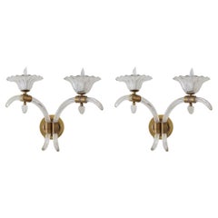 Pair Italian, Murano, 2-Arm Brass & Glass Sconces, Mid-20th Century