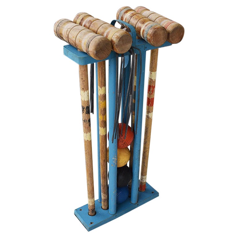 Antique French Blue Painted Wood French Croquet Set in Stand For Sale