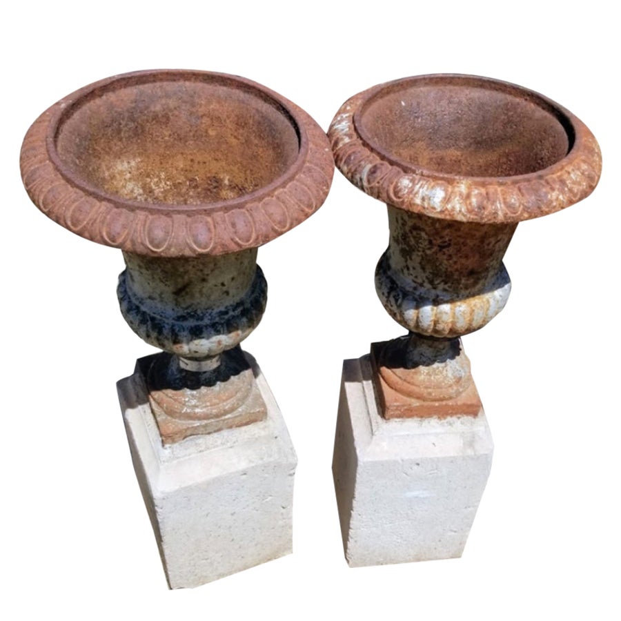 19th Century Iron Urn with Stone Base, Set of 2 For Sale