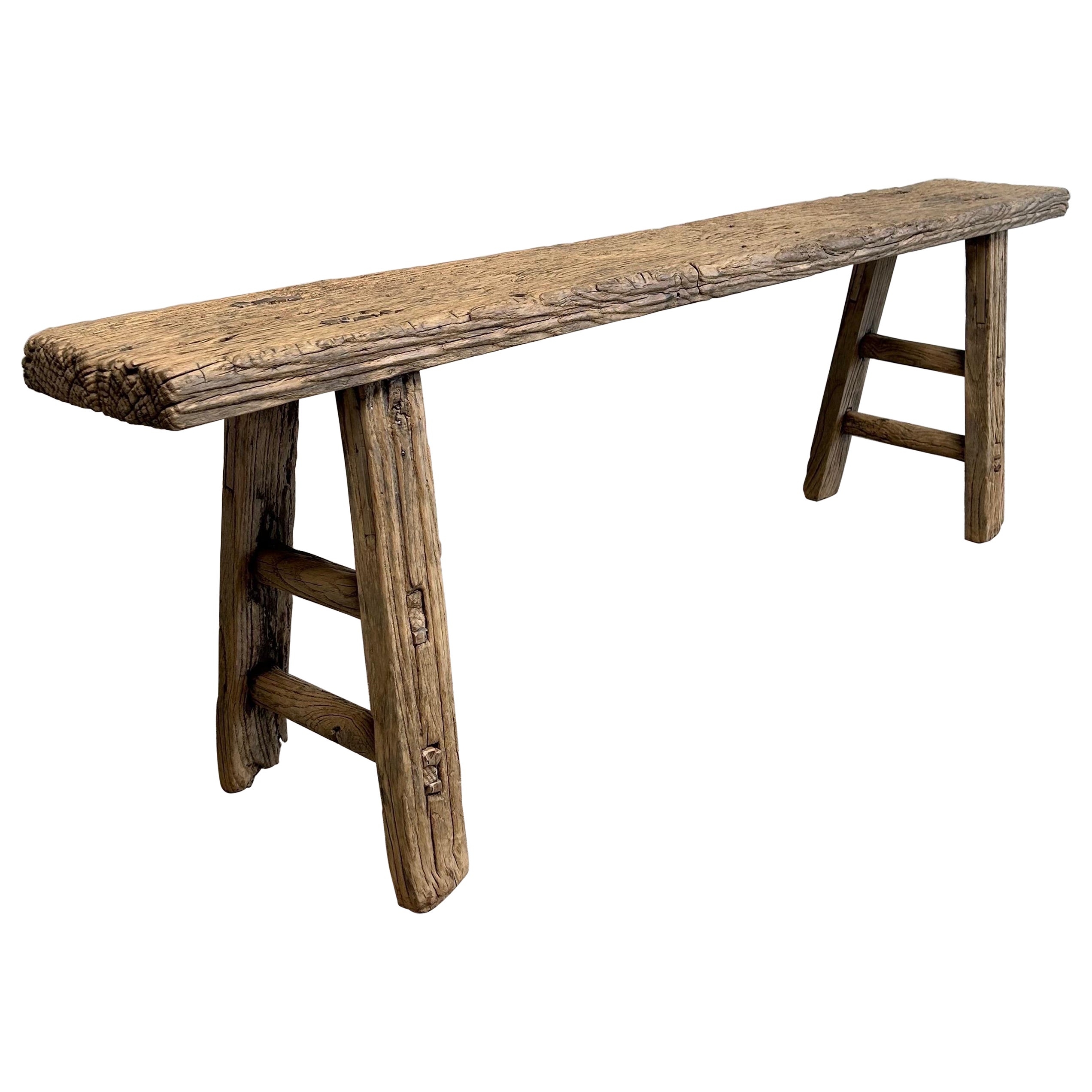 Vintage Elm Wood Bench with Aged Patina