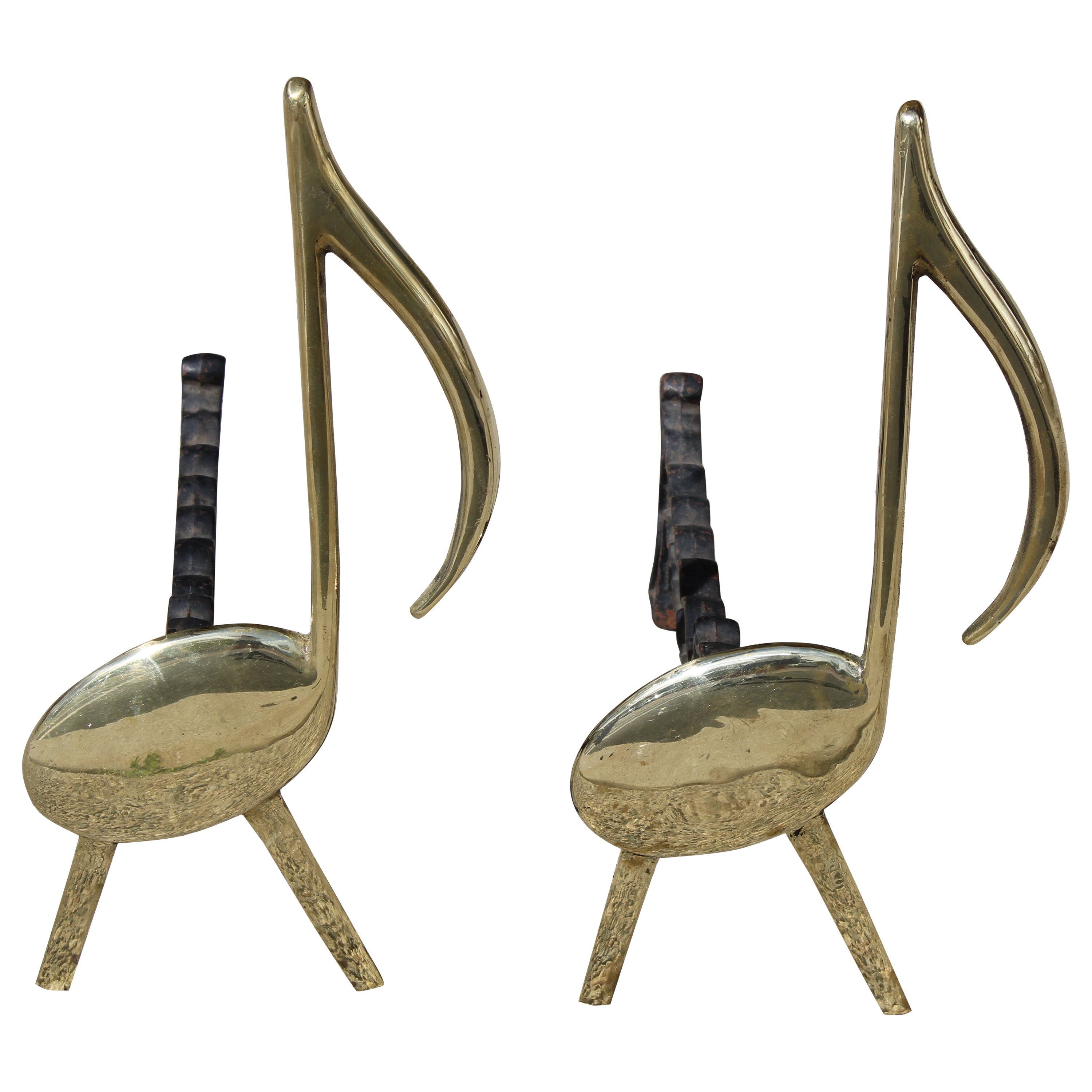 Pair of Brass and Cast Iron Musical Note Andirons For Sale