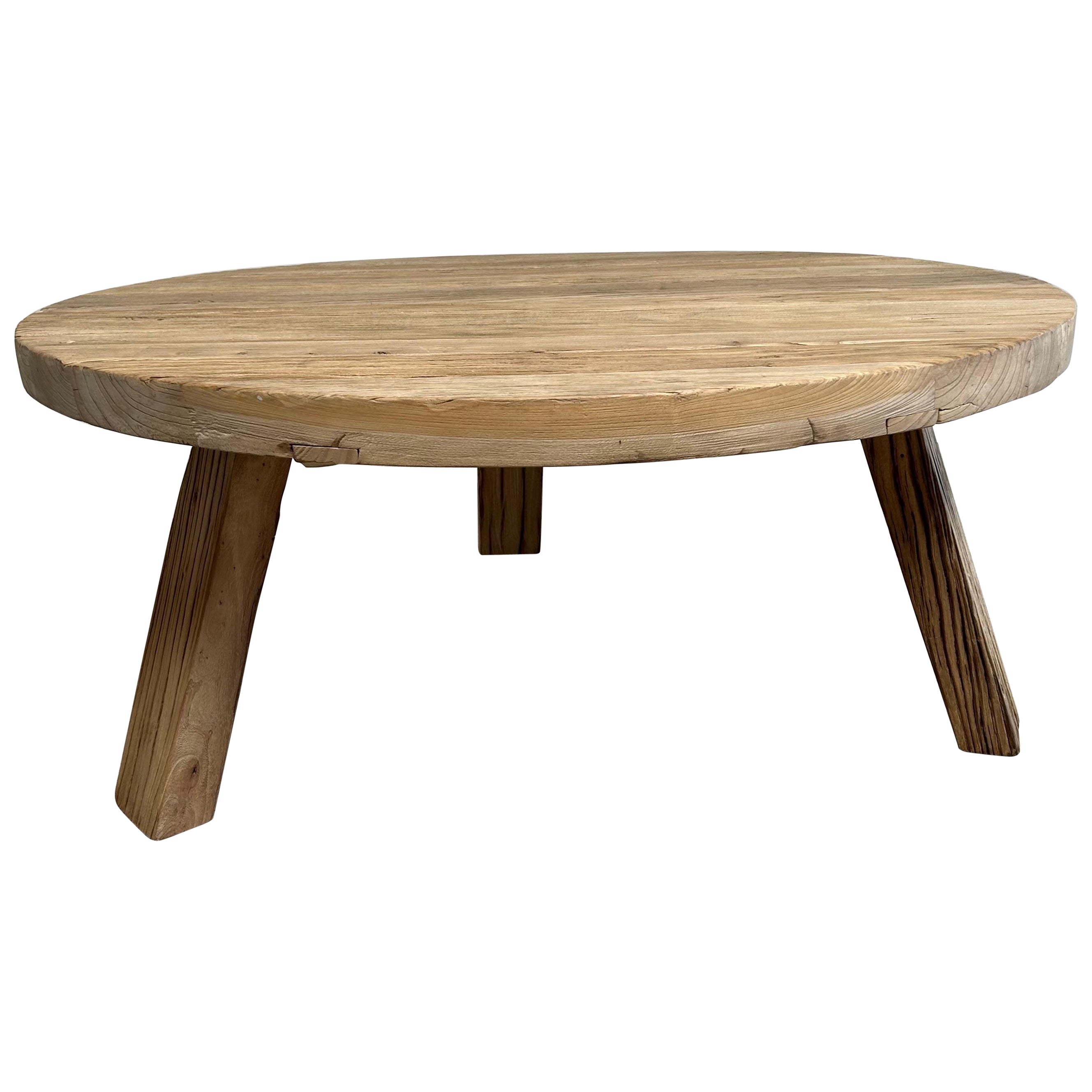 Custom Round Reclaimee Elm Coffee Table with Tri-Leg For Sale
