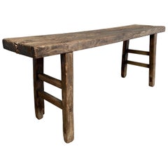 Vintage Elm Wood Skinny Bench with Aged Patina