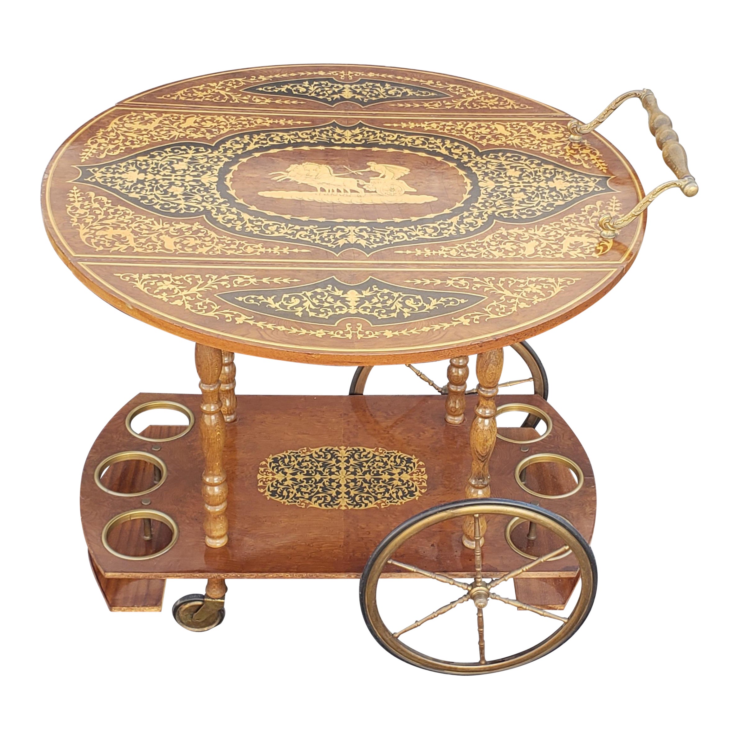 Vintage Italian Tiered Marquetry Drop-Leaf Dessert / Bar Cart Trolley For Sale