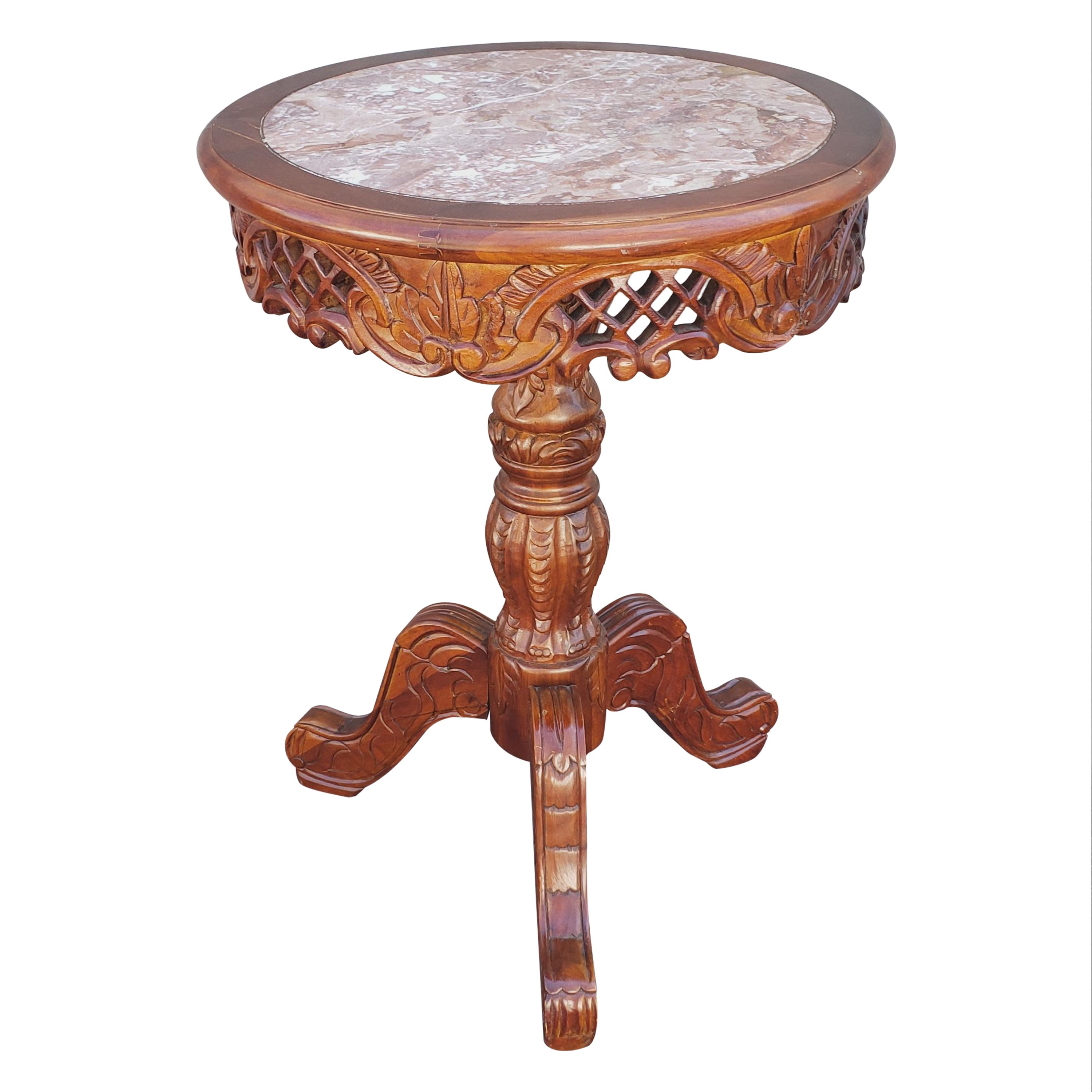 Victorian Style Carved Fruitwood and Marble Inset Pedestal Side Table For Sale