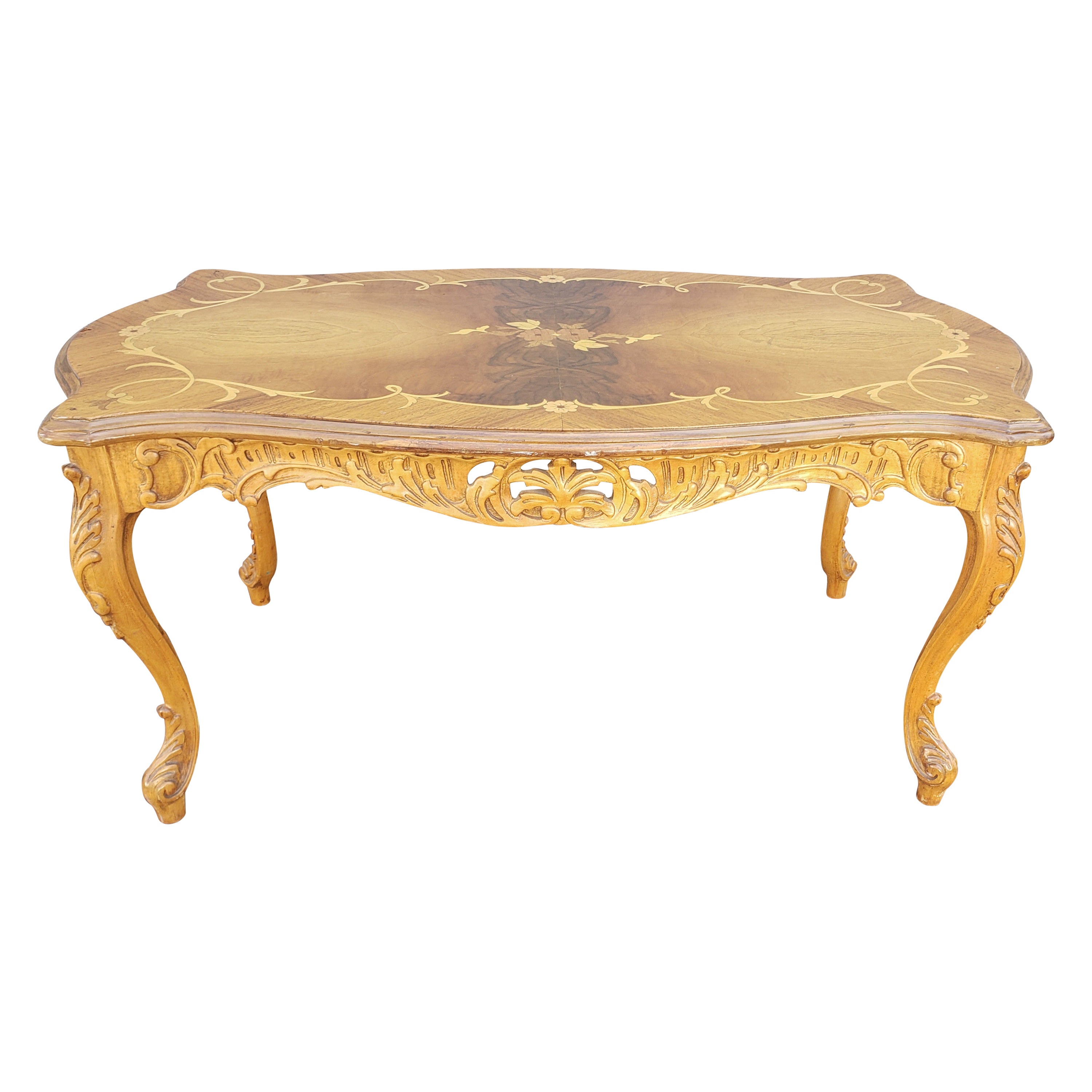 Table basse italienne de style néo-rococo en marqueterie de bois fruitier 