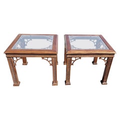Pair Chinese Chippendale Fruitwood Glass Inset Side Tables