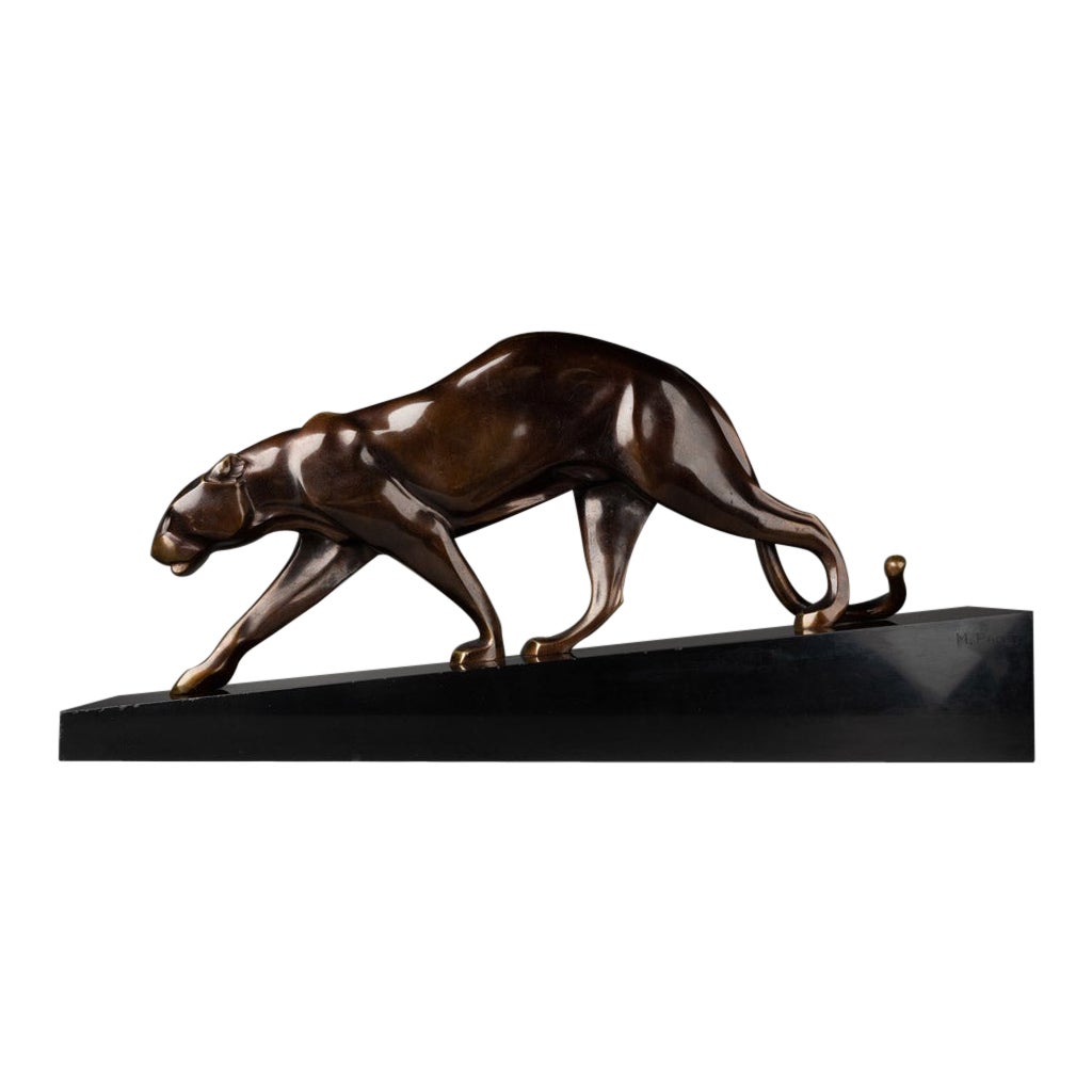 Maurice Prost : "Walking Panthera", Sculpture en bronze des années 30 sur socle en marbre noir