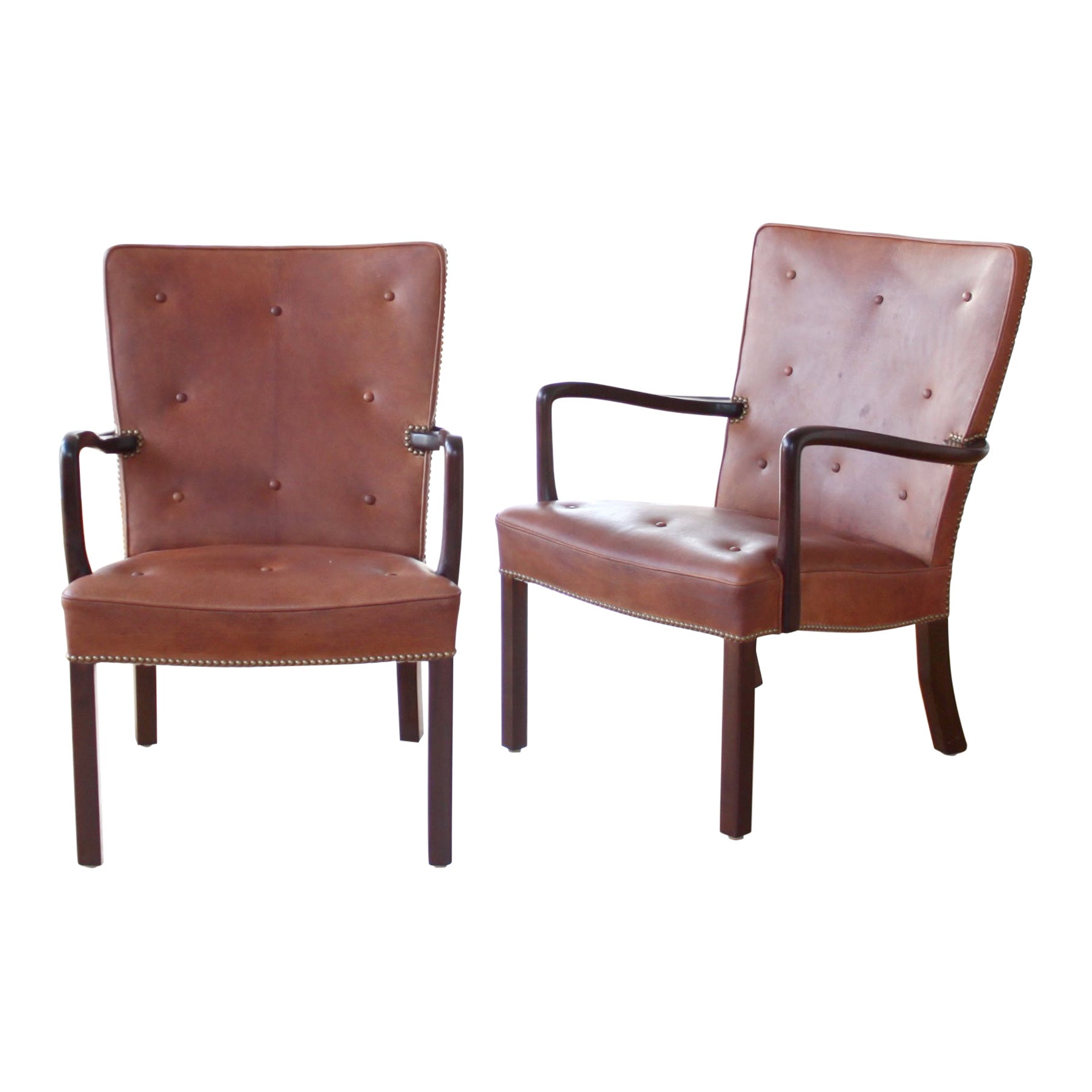 Paar Jacob Kjær Lounge Chairs Mahagoni und Nigerleder, skandinavisch modern
