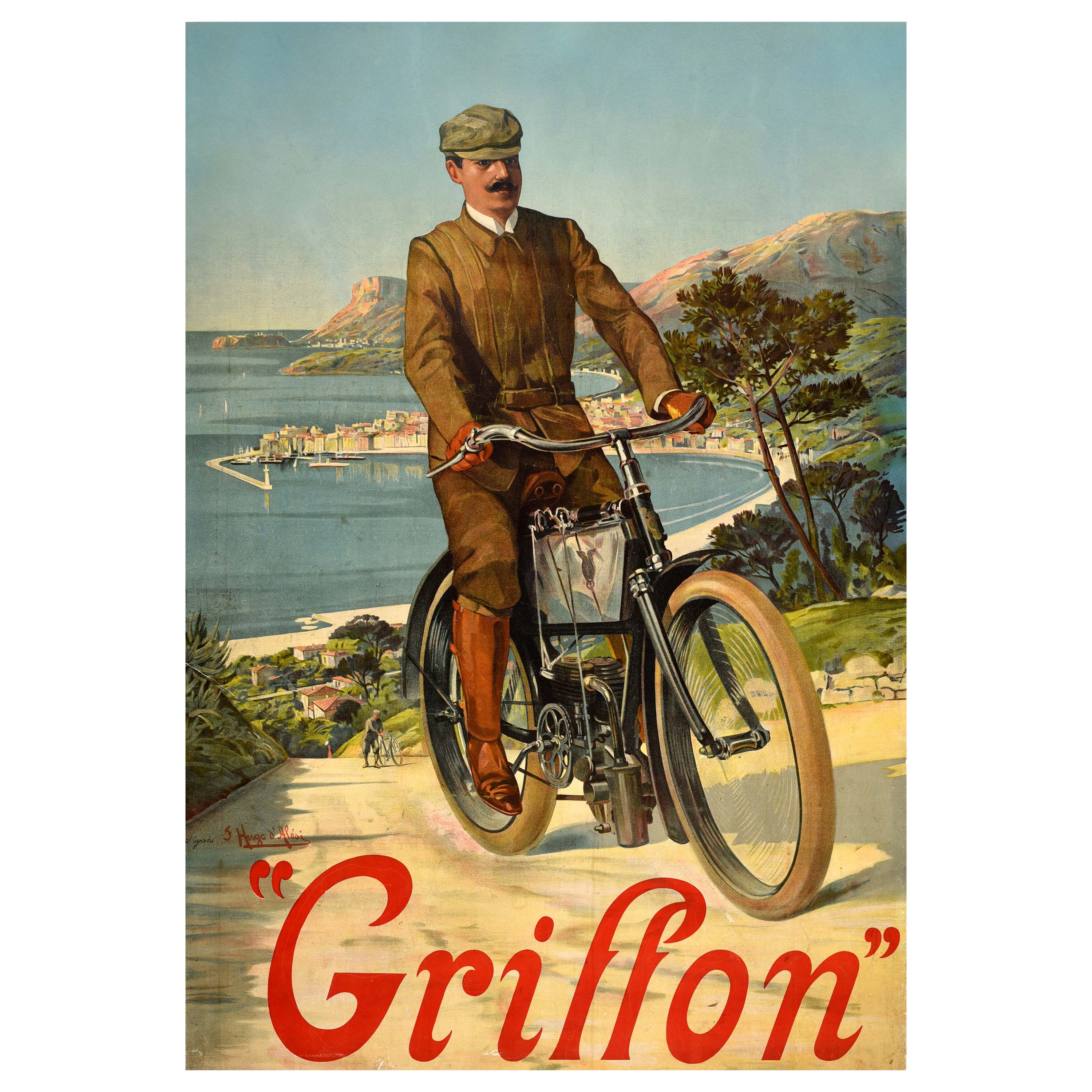 Original Antique Advertising Poster Griffon Motorcycle Bike France Design Art For Sale