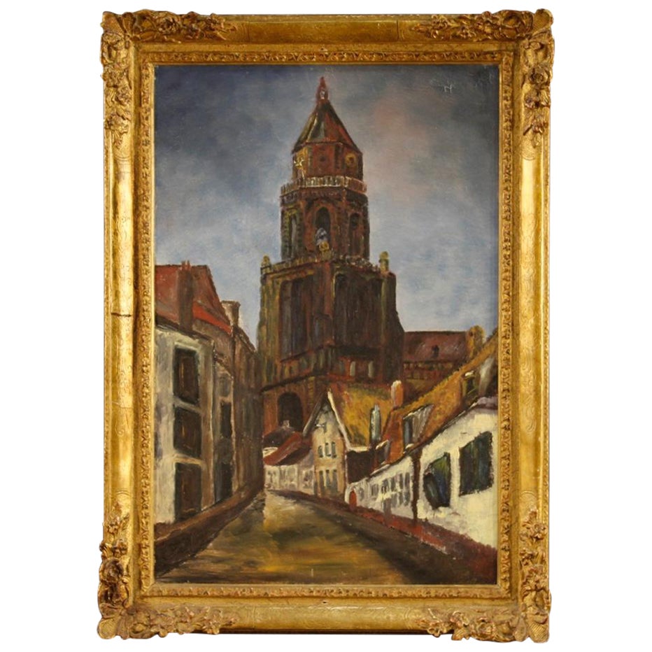 20th Century Oil on Canvas Dutch Signed Painting View with Cathedral, 1960 For Sale