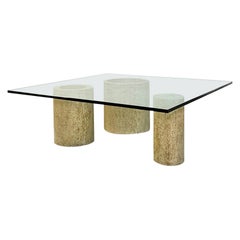 Italian Modern Travertine and Aquamarine Green Glass Coffee Table, 1980s