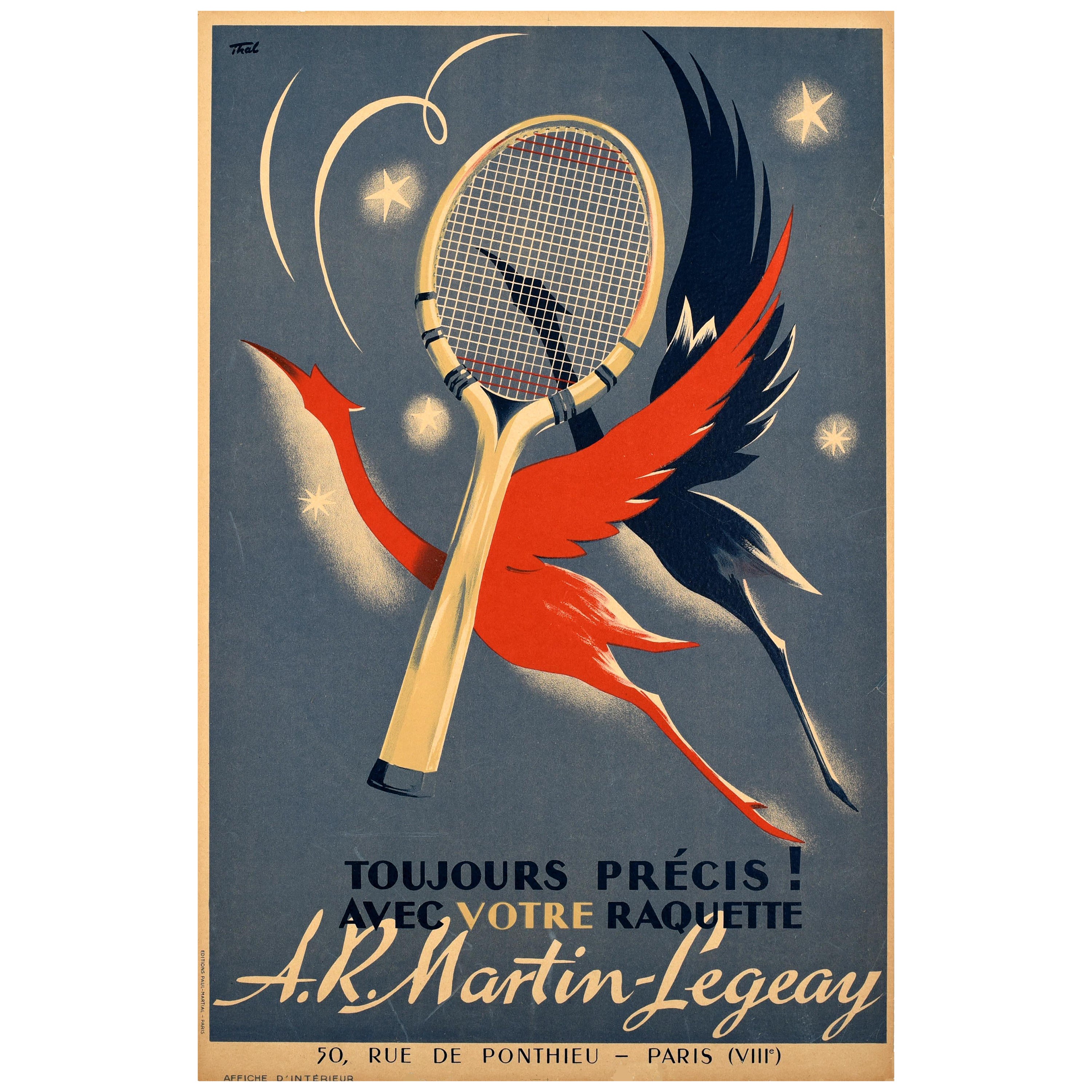 Original Vintage Sport Poster Andre Martin Legeay Tennis Racket Crane  Design Art For Sale at 1stDibs