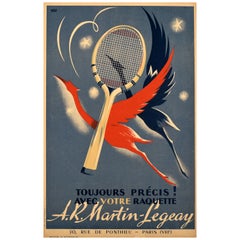 Original Vintage Sport Poster Andre Martin Legeay Tennis Racket Crane Design Art