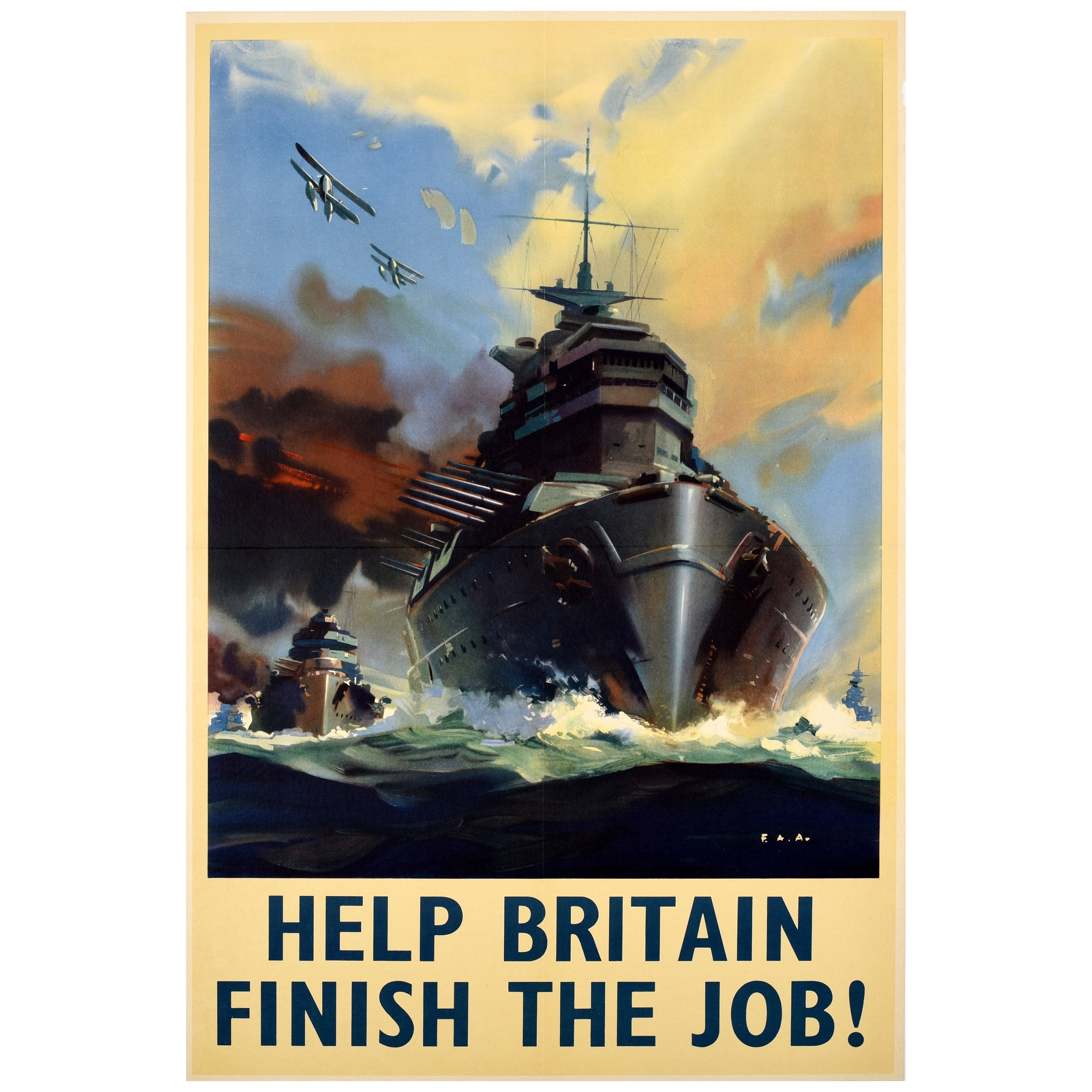 Original Vintage War Propaganda Poster Help Britain Finish The Job WWII Warships en vente
