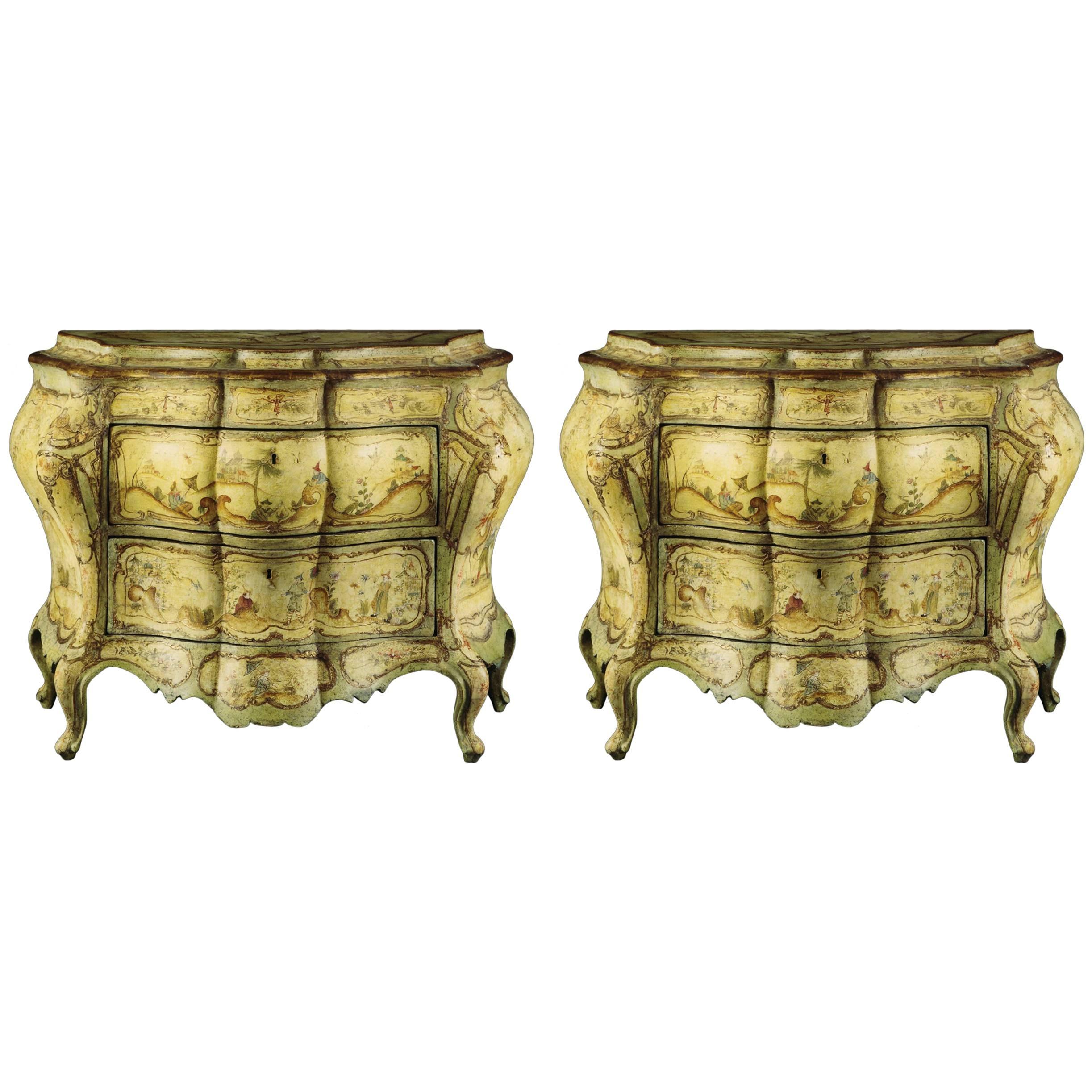 Pair of Early 19th Century Venetian Rococo Decorated Bombe Commodes