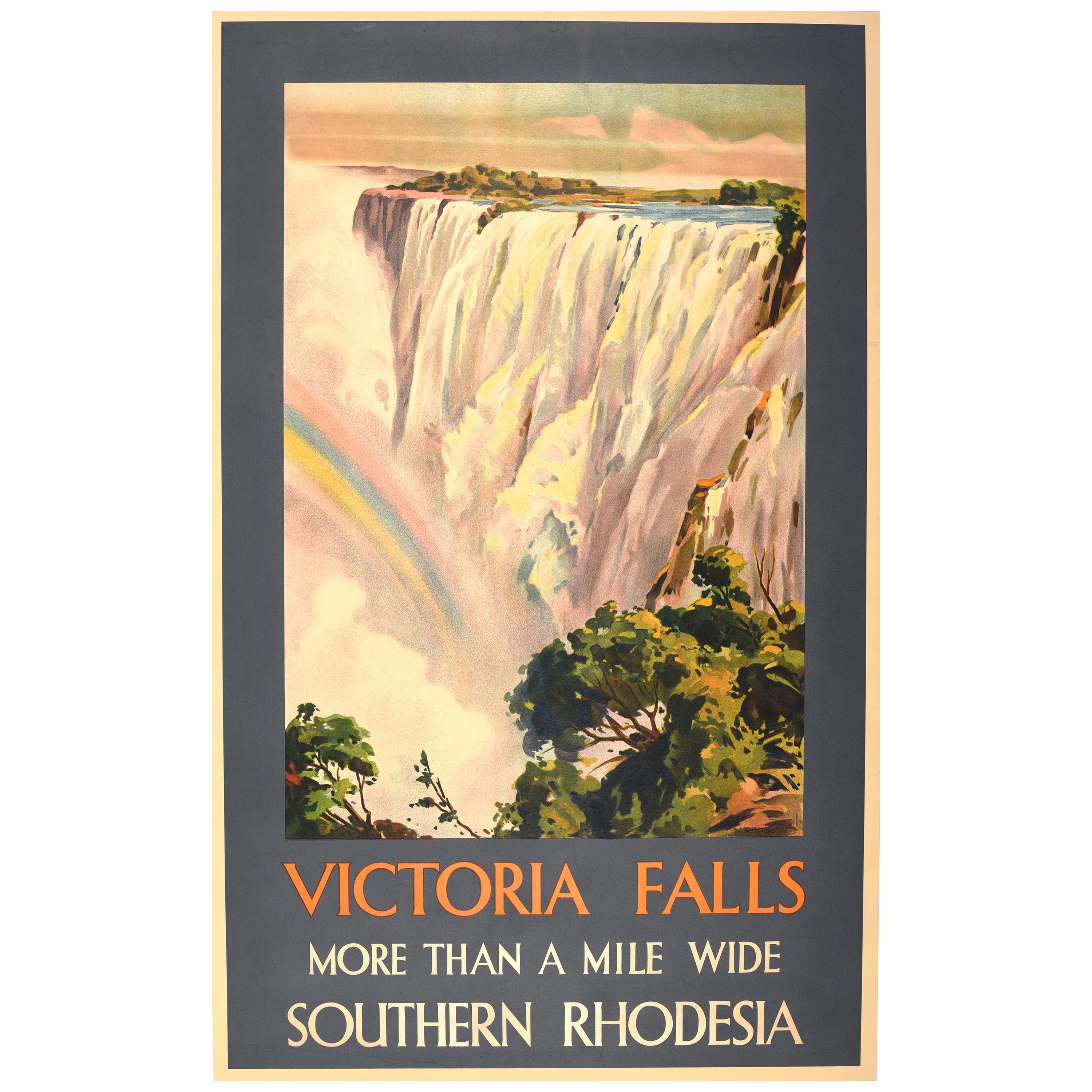Original Vintage Travel Poster Victoria Falls Waterfall Southern Rhodesia Africa For Sale