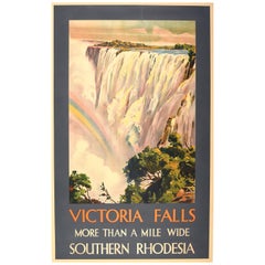 Affiche vintage originale de voyage Victoria Falls Waterfall, Afrique du Sud, Rhodesia