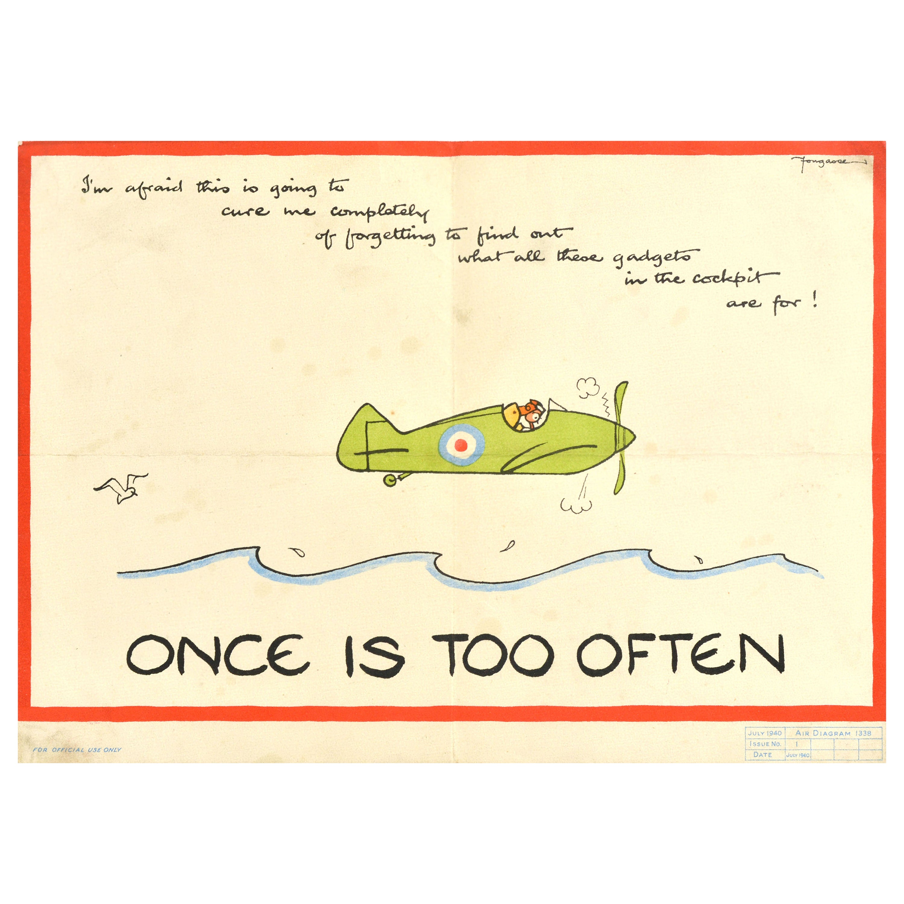 Original Vintage WWII Kriegsplakat „ Once Is Too Ofn“, RAF Air Force Pilot Fougasse, Vintage