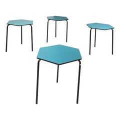 Vintage Italian Midcentury Hexagonal Bar Tables in Blue Formica and Black Metal, 1960s