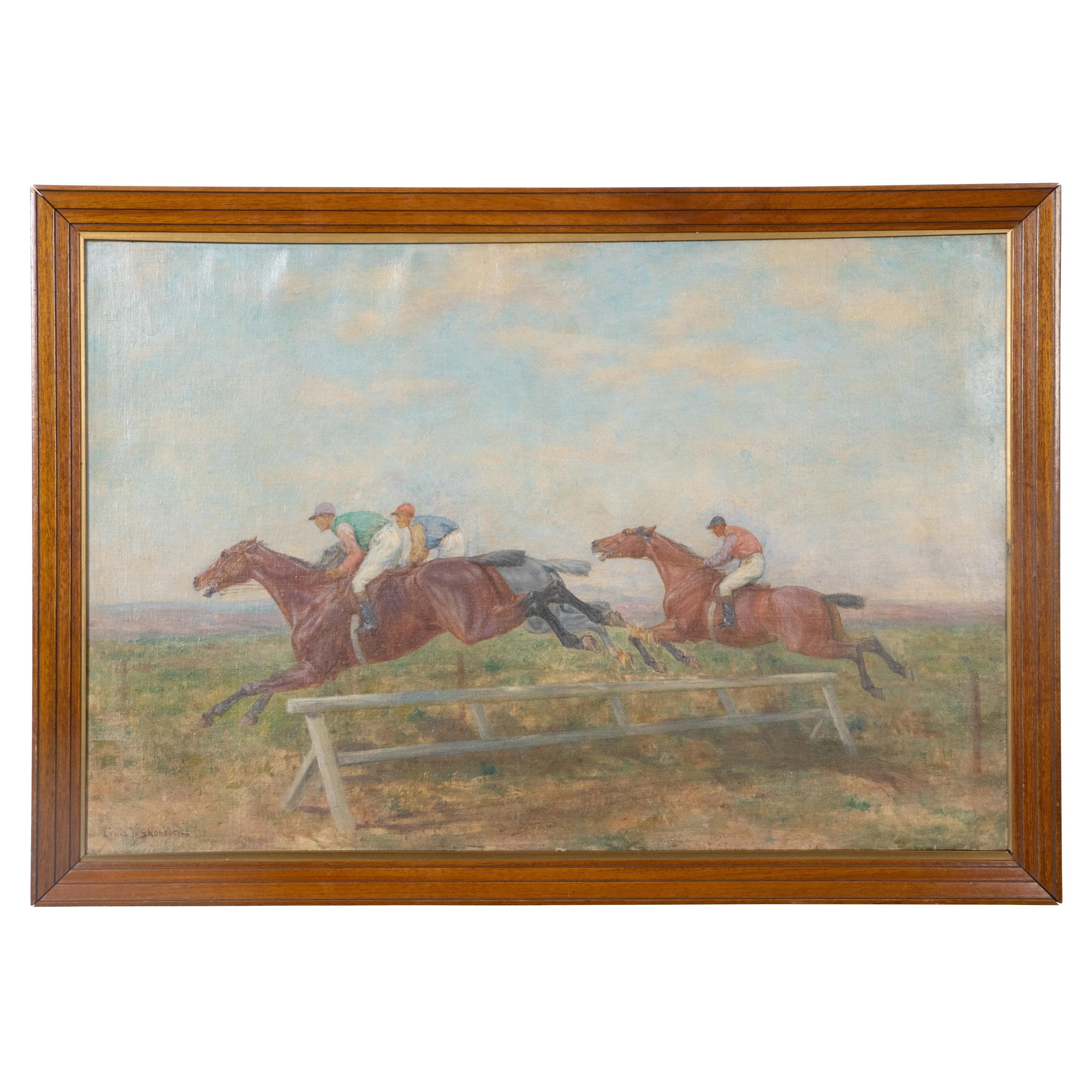 Peinture à l'huile sur toile encadrée représentant une course de chevaux par Lewis John Shonborn