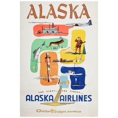 Original Vintage Travel Poster Alaska Airlines Golden Nugget Service Plane Art