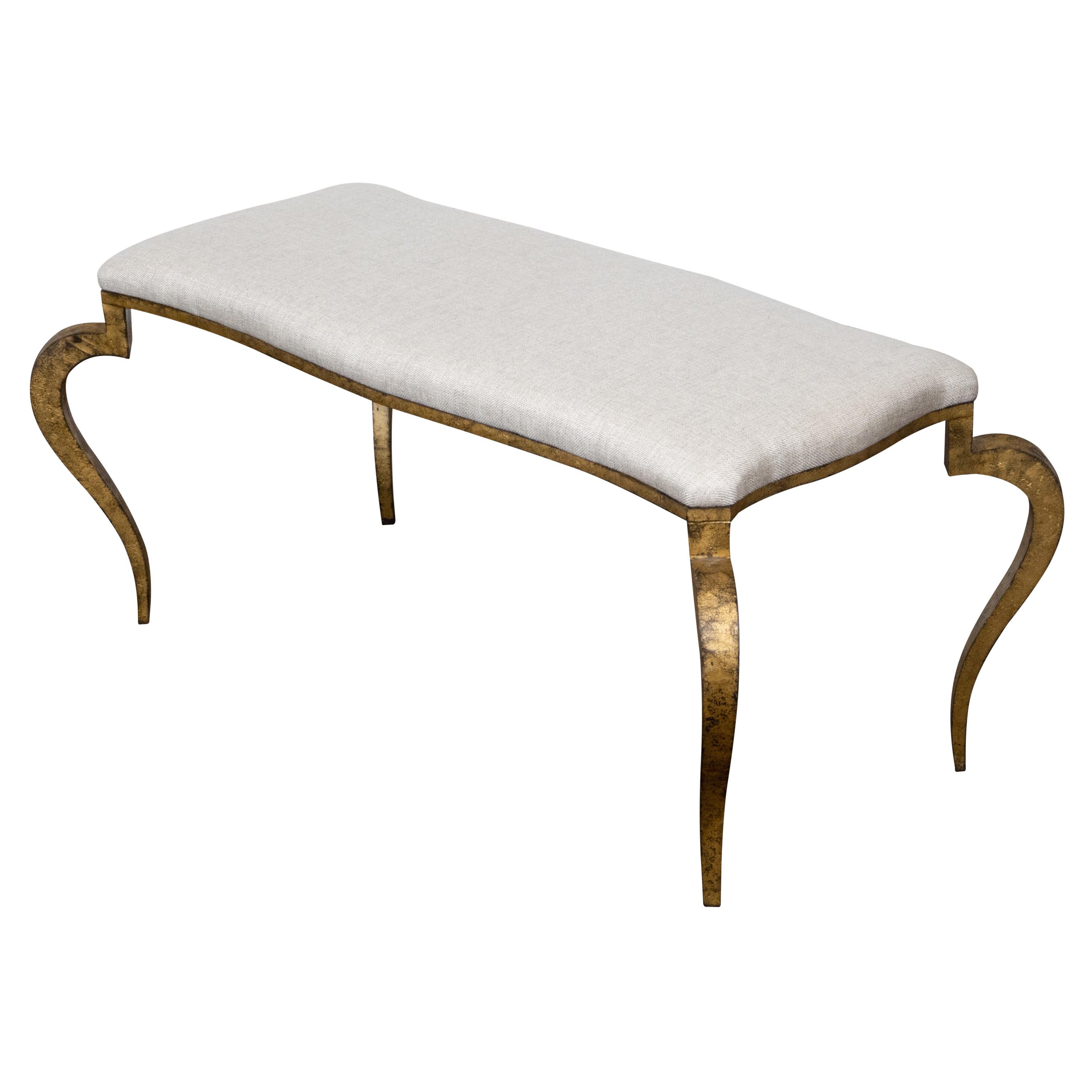 Art Deco French Gilt Iron Bench with Curving Legs and New Linen Upholstery For Sale