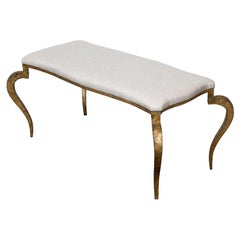 Art Deco French Gilt Iron Bench with Curving Legs and New Linen Upholstery