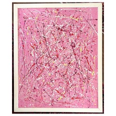 Original XL Pink Framed Abstract Expressionist Painting Signed Arlene Carr