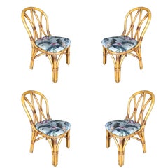 Retro Restored Midcentury Rattan Dining Side Chair with "Hour Glass" Back, Set of Four