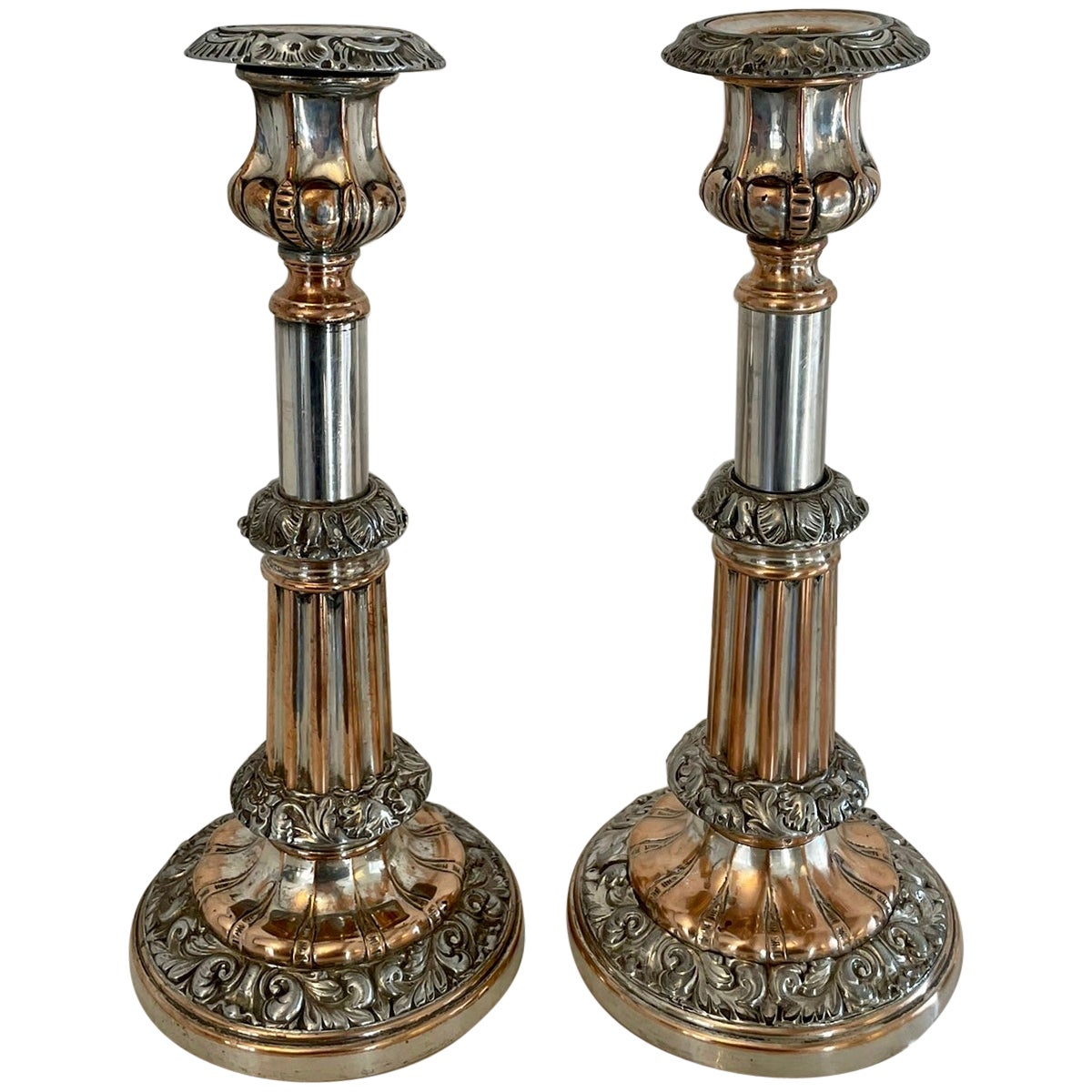 Unusual Pair Of Antique Quality Sheffield Plated Telescopic Candlesticks For Sale