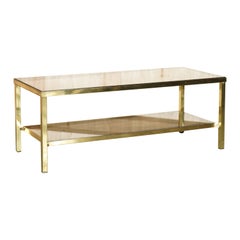 MID CENTURY MODERN FRENCH EMPiRE BRASS & SMOKED GLASS TWO TIER COFFEE TABLE