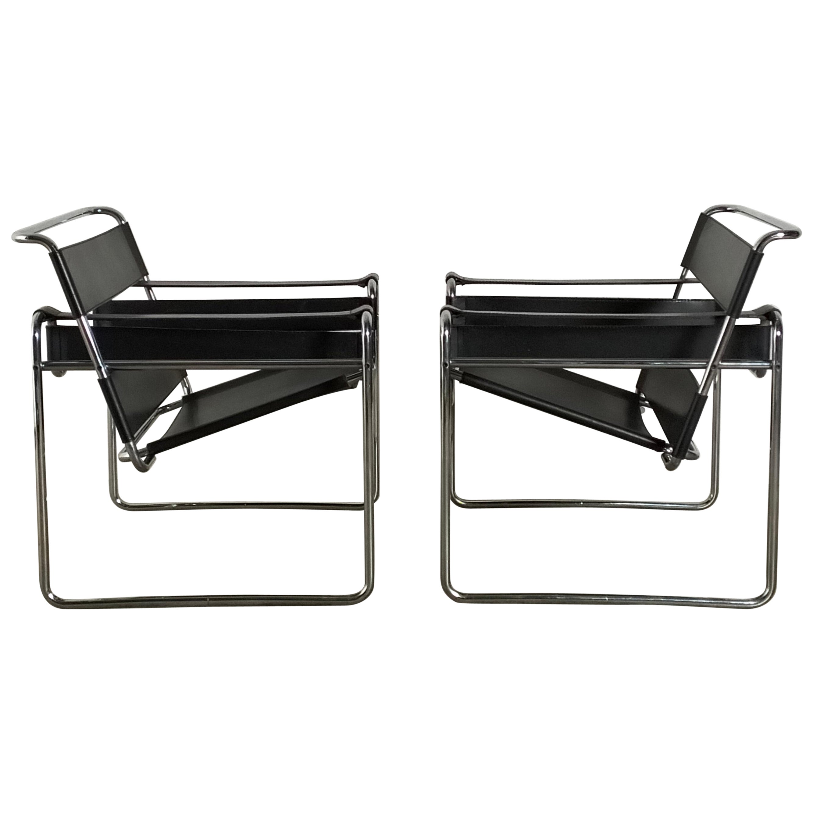 Set of 2 Leather Wassily Original Armchairs by Marcel Breuer for Gavina 60s, 70s