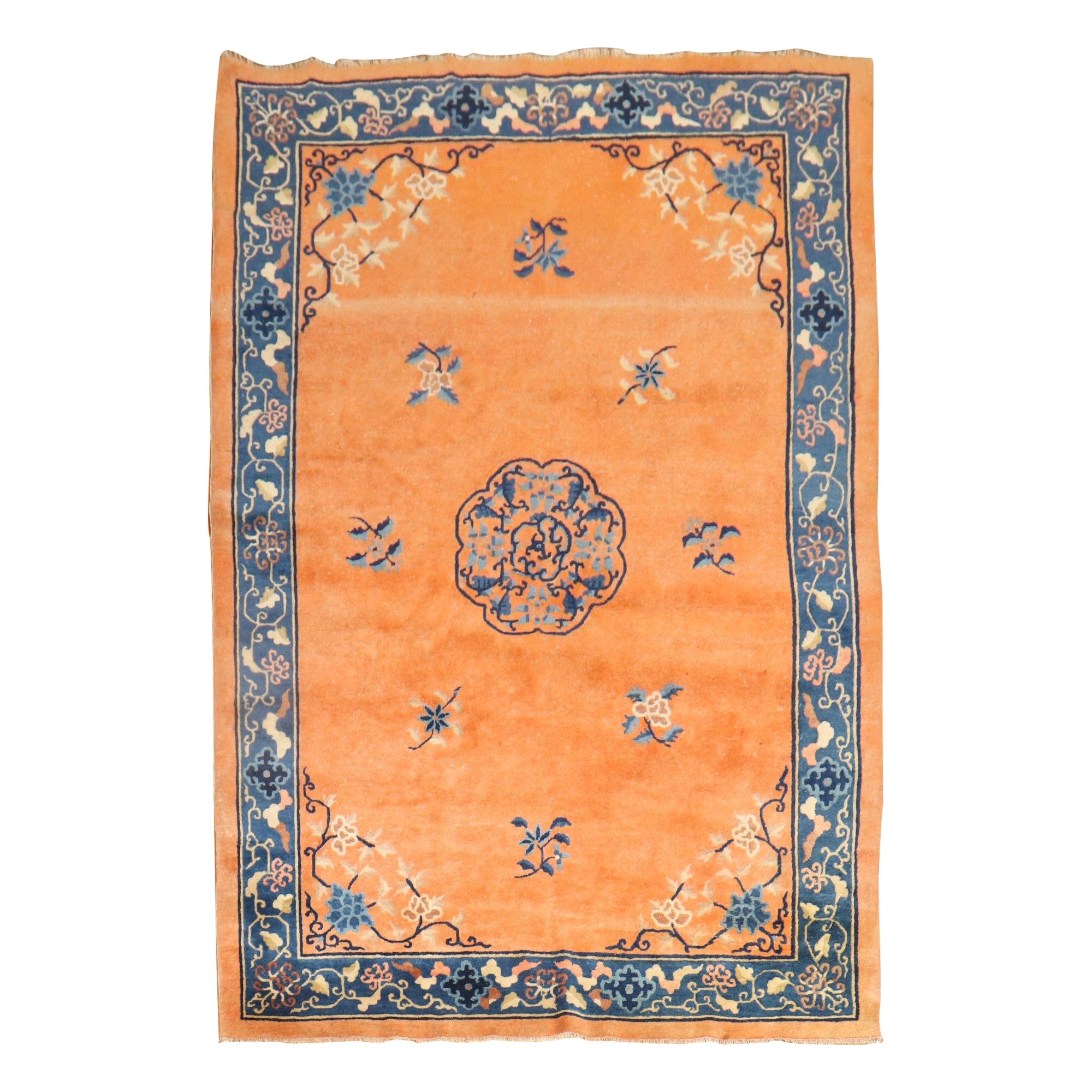 Fire Orange Antique Chinese Rug For Sale