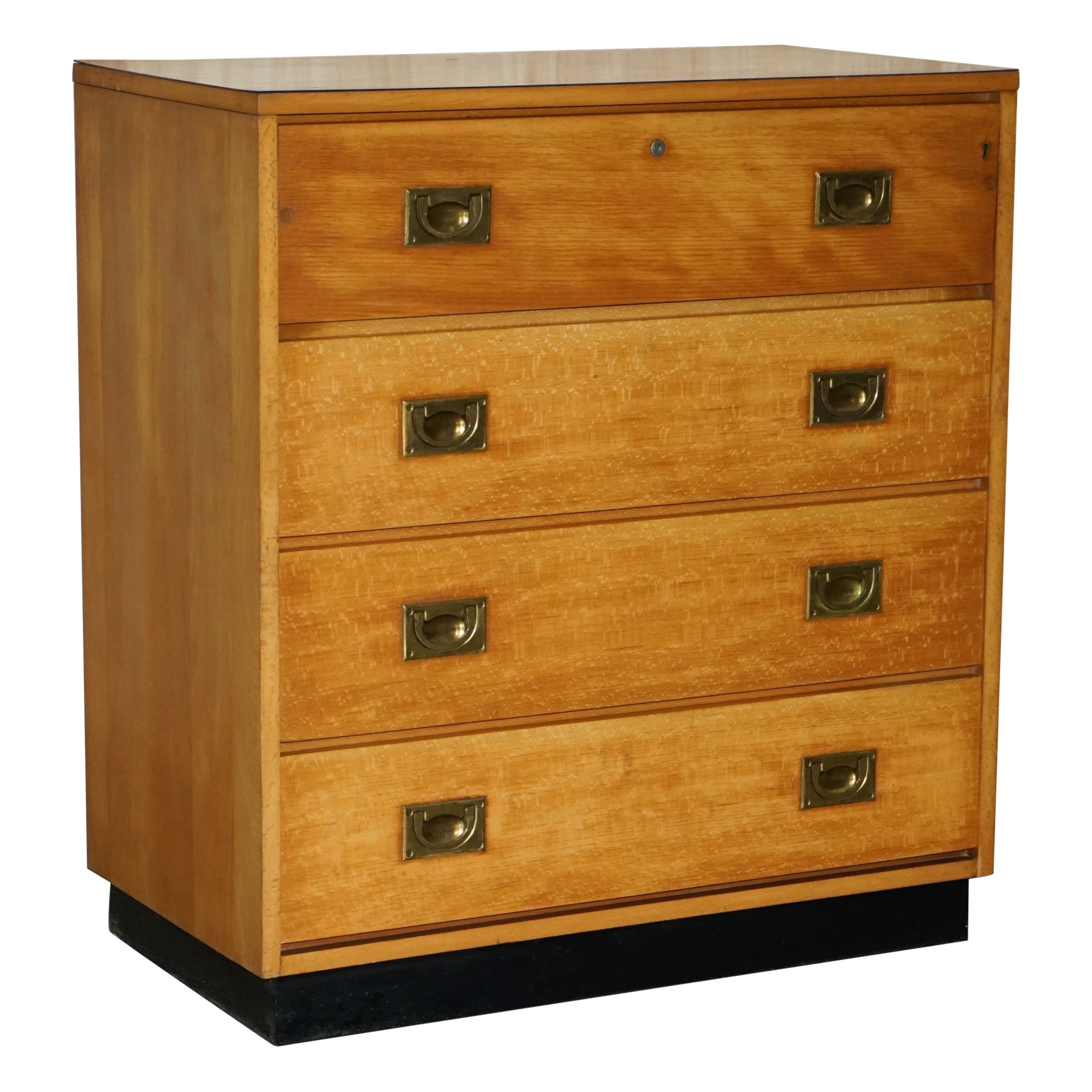Antique circa 1920 Light Oak Military Campaign Chest of Drawers with Drop Front For Sale