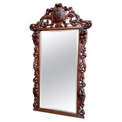 Antique French Pier Mantel Wall Mirror Baroque Carved Oak Renaissance, circa1880