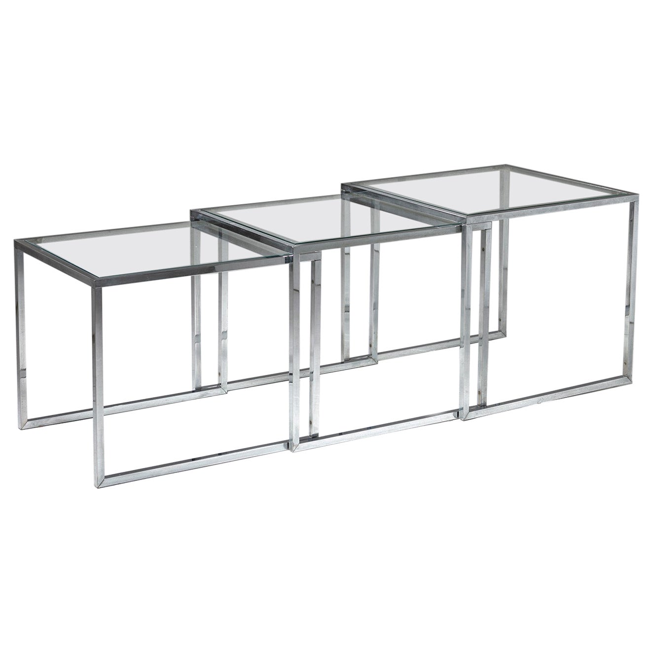 Set of Three Steel and Glass Cubic Nesting Tables, Italy, 1970s