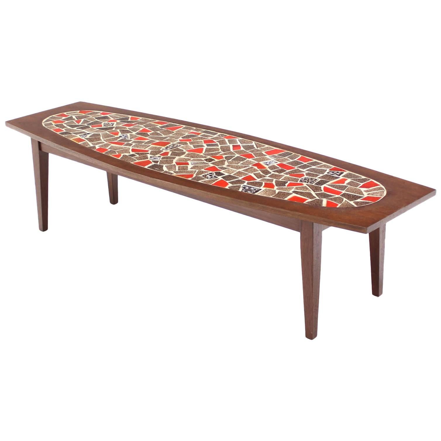 Oval Mossaic Tile Top Rectangular Boat Shape Walnut Long Coffee Table. For Sale