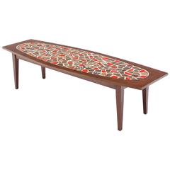 Vintage Oval Mossaic Tile Top Rectangular Boat Shape Walnut Long Coffee Table. 