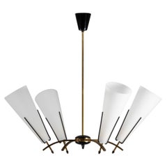 Stilnovo 1950s Chandelier en laiton et 4 opales coniques, Vintage Italian Design