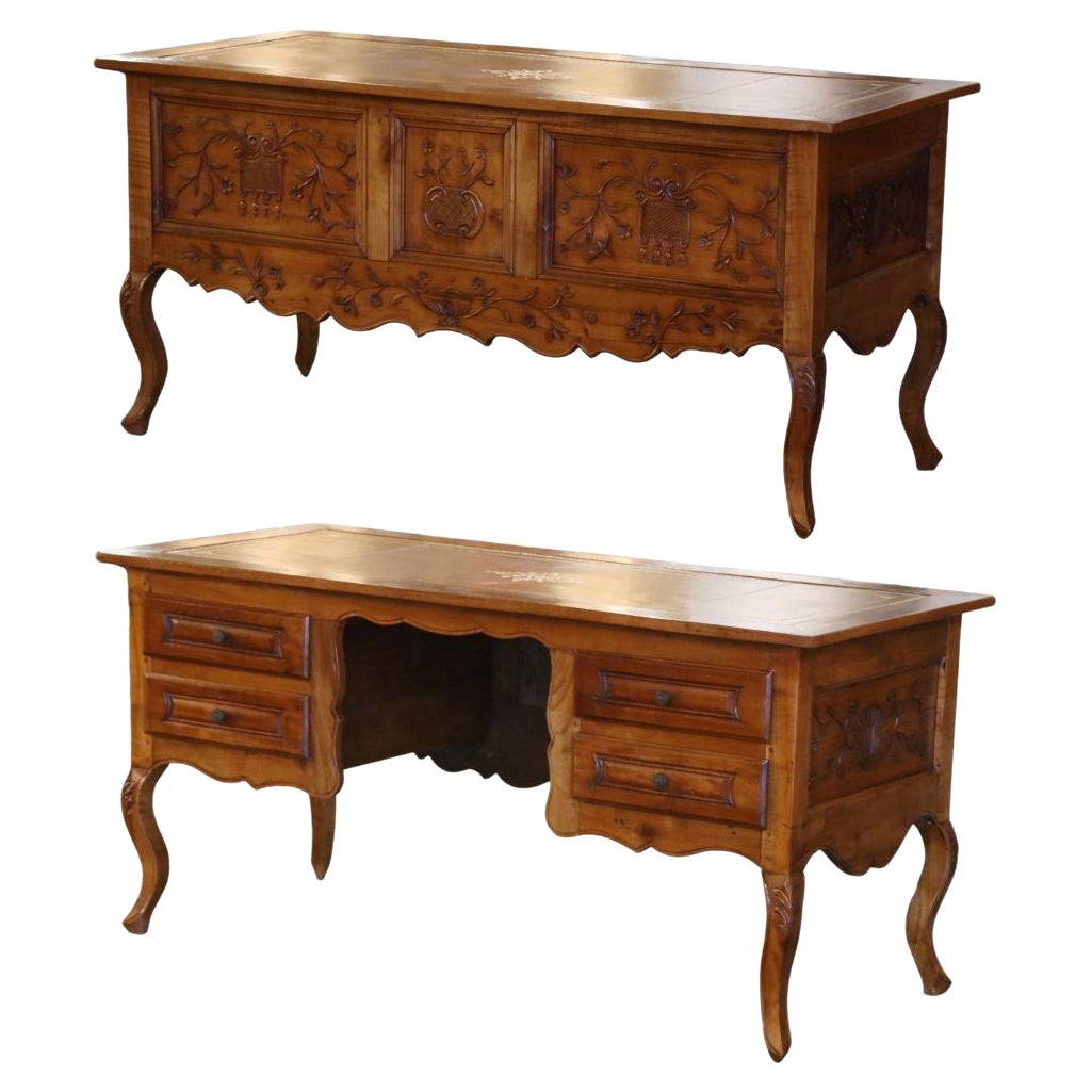 19th Century French Louis XV Carved Cherry Desk with Tan Leather Top