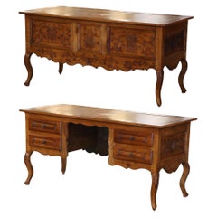 19th Century French Louis XV Carved Cherry Desk with Tan Leather Top