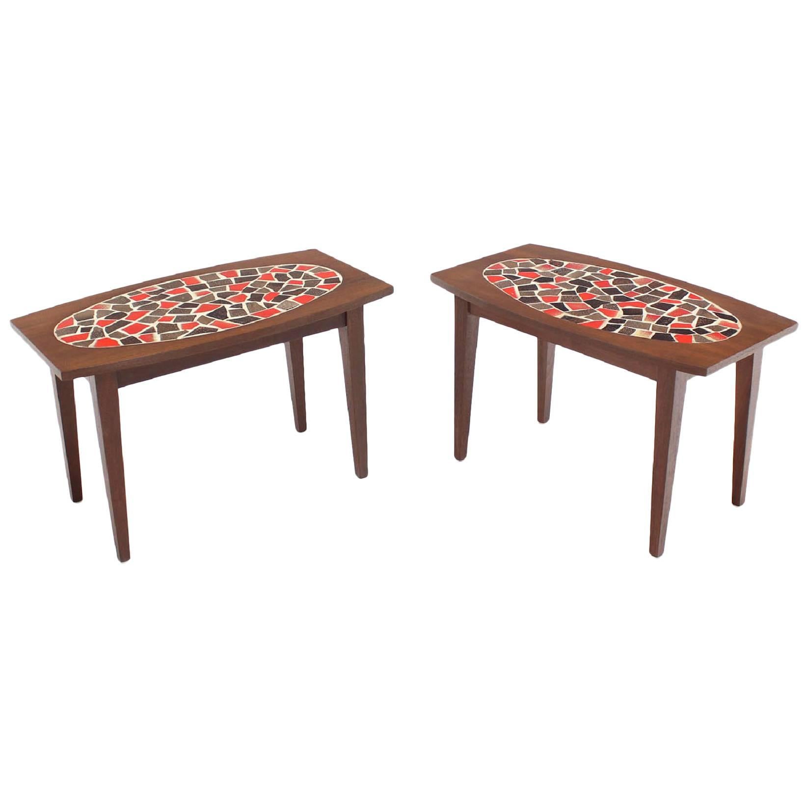 Pair of Walnut and Tile Mosaic Side or End Tables For Sale