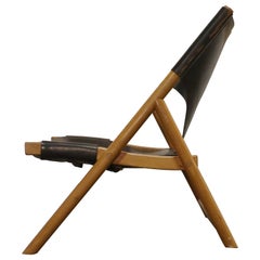 Scandinavian Modern Lounge Chair in Patinated Black Saddle Leather & Birch Wood