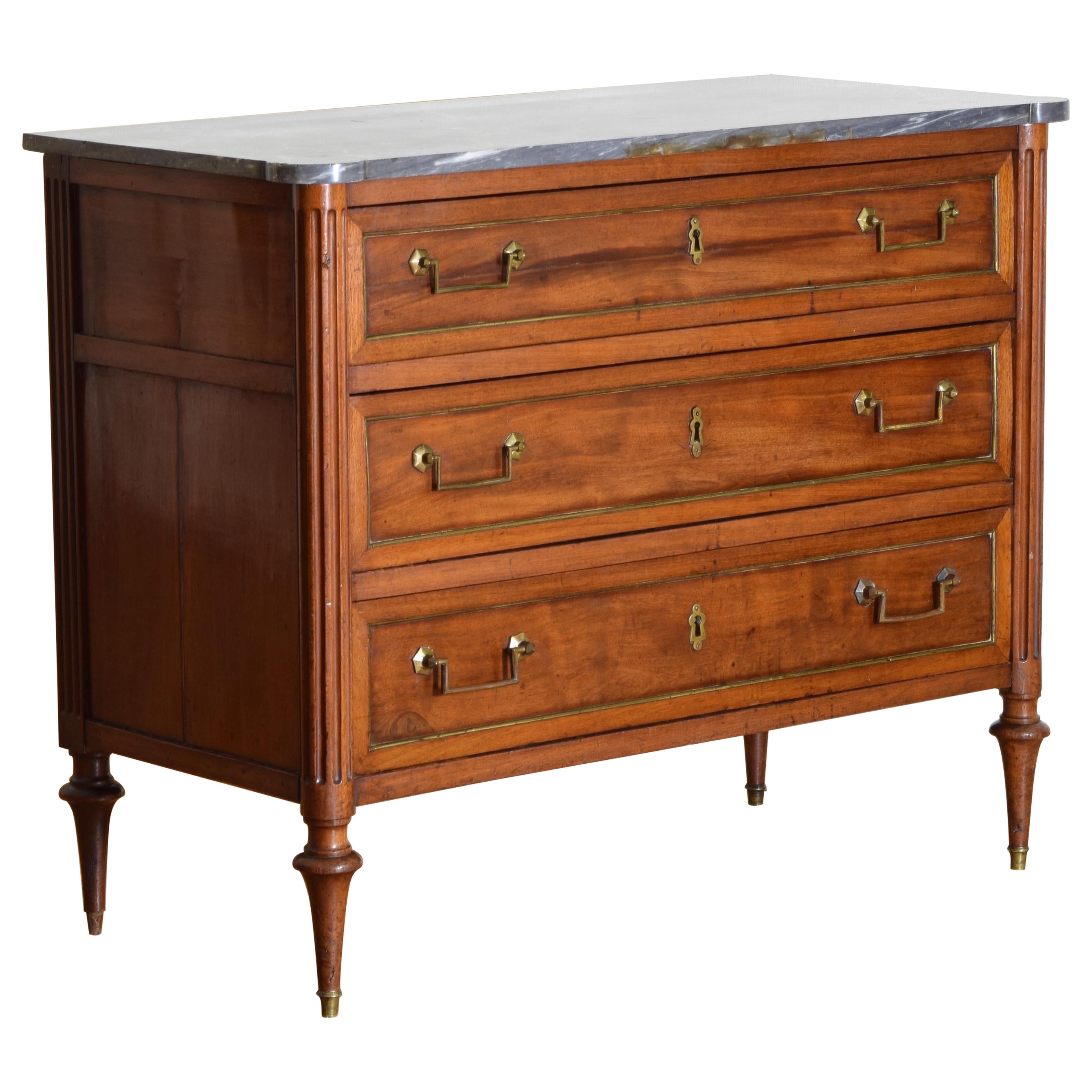 French Louis XVI Walnut & Brass Mounted Marble Top 3-Drawer Commode, circa 1780